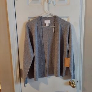 H Halston Cardigan 100% Luxe 2-Ply Cashmere LG (10-12) Open Front Grey NWT SO